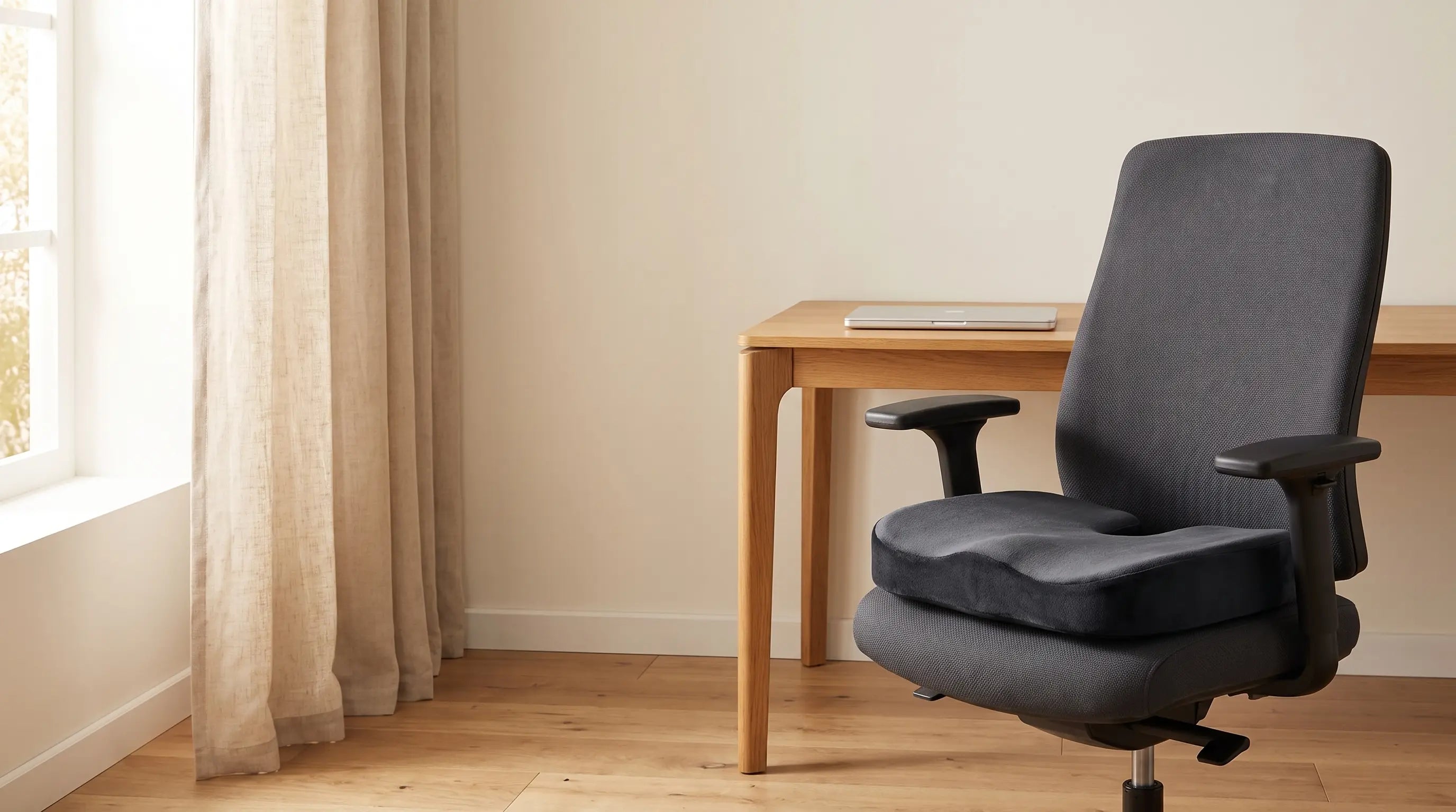 The cushion on an office chair beside a desk