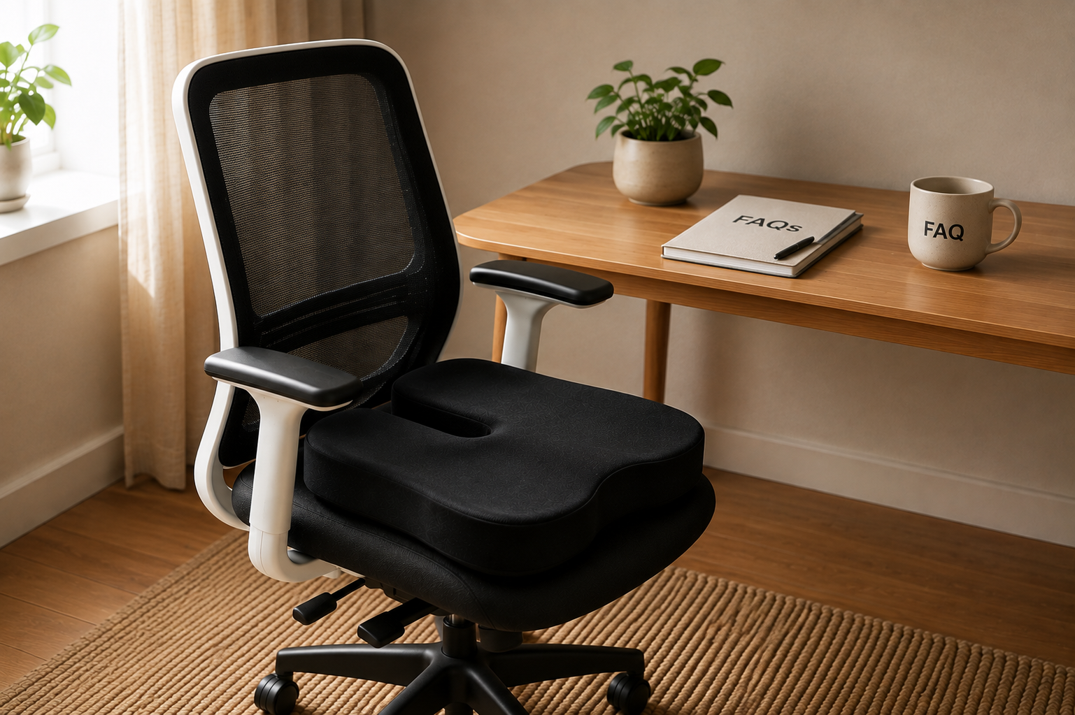 Vertovia seat cushion on an office chair next to a desk with an FAQ notebook and mug