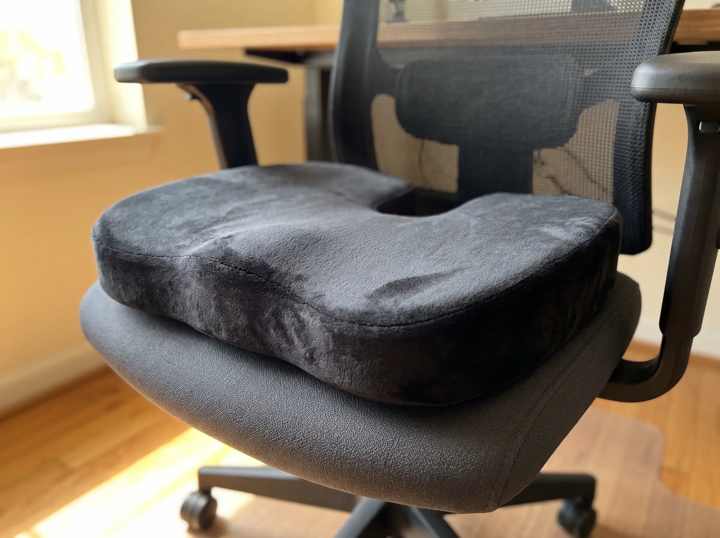 The Vertovia seat cushion in place on an office chair