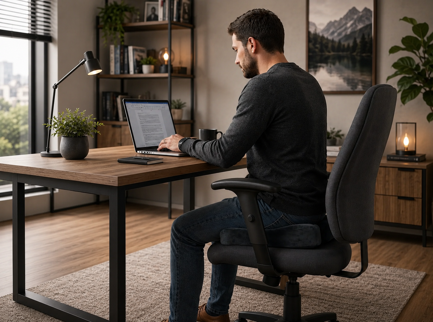 Someone working at a wooden desk with the Vertovia cushion on the office chair
